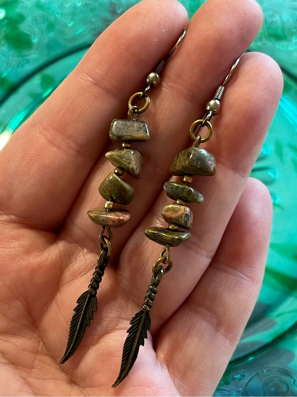 Vintage Navajo Style Unakite Stone Beaded Bronze Tone Metal Feather Earrings